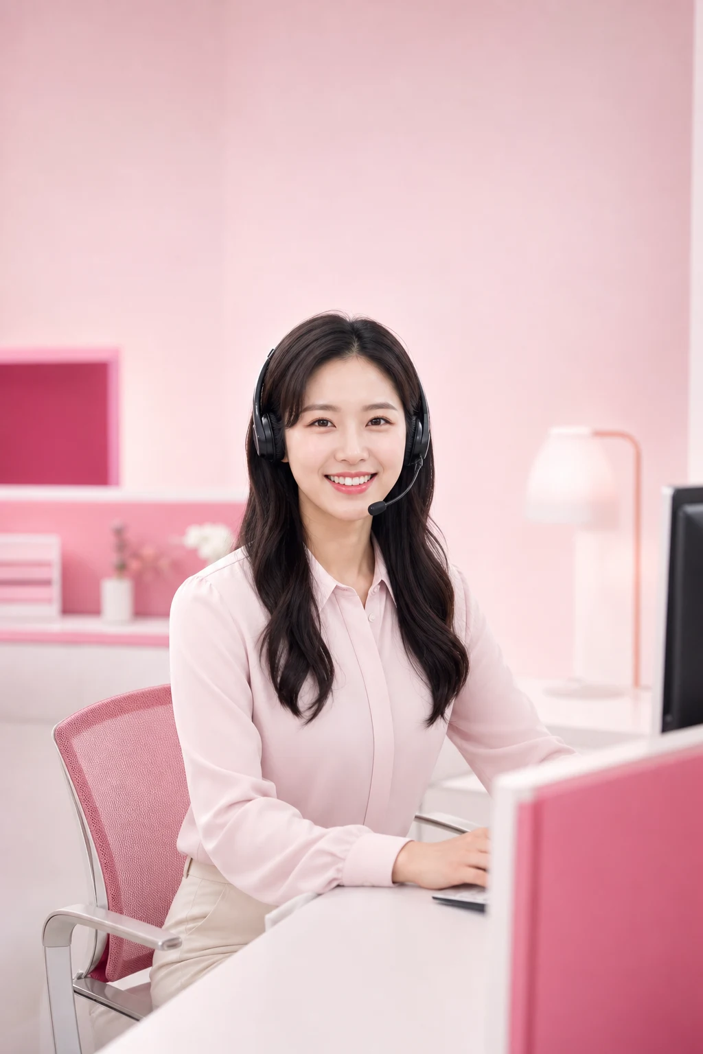 카드깡 수수료 다음머니 24시간 전화 문자 상담을 안내하는 헤드셋 여성 상담원 인물